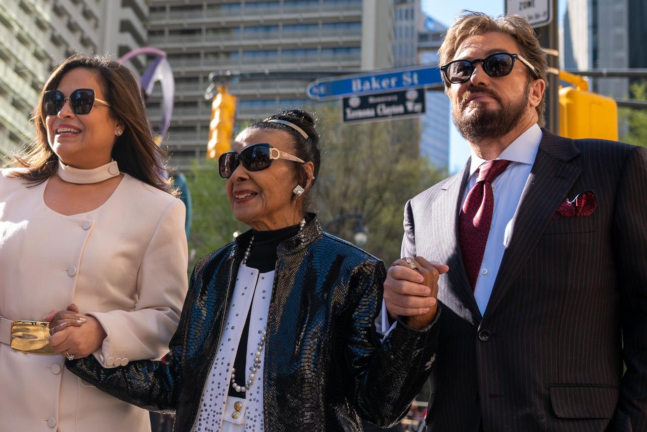 Xernona Clayton (center) and Xernona Clayton Statue Project Co-Creators Mariana Romero (Left) and Rich Baker (right) cross Xernona Clayton Way in Downtown Atlanta, Georgia toward the unveiling of the Xernona Clayton statue on Wednesday, March 8, 2023. Photo by Maxim Elramsisy, California Black Media.