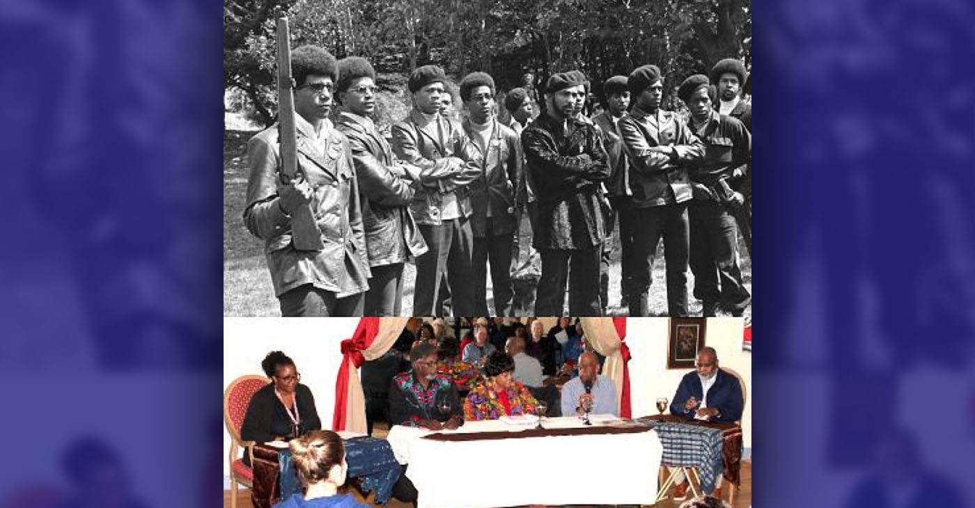 Top: Black Panthers in Marin City, CA, #58 from A Photographic Essay on The Black Panthers, Group of men, from left: Terry Brooks, James Bullock, Earl Hall, Charles “Chucky” Huff, Capt. George Gaines “Baby D,” Johnny “Gubba” Harris and Mitchell Howard. Back row, from left: unknown, Wayne Allen, John Earl Huff and Jerome “Bump” Grayson. Creator: Jones, Pirkle, 1914-2009. Ruth-Marion Baruch and Pirkle Jones Photographs. Bottom from left: Rashida Skaar, Charles Huff, Terry Green, Walter Turner, Rev. Rondall Leggett. Photo by Godfrey Lee