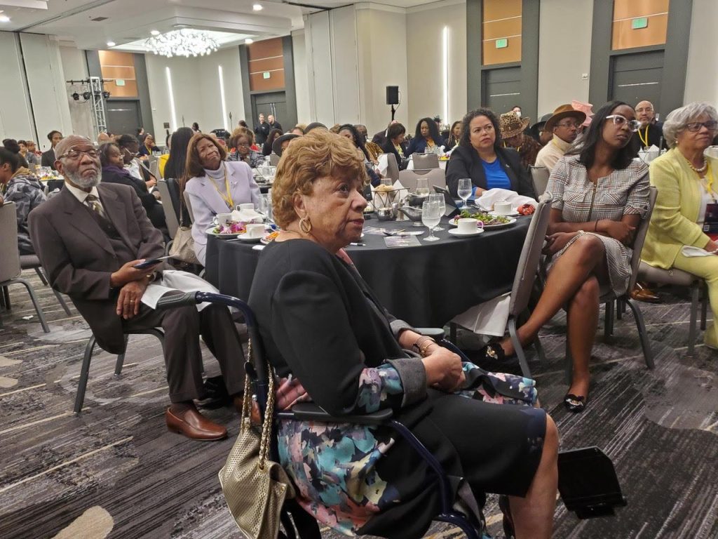 Former NAACP California Hawaii State Conference President Alice Huffman (in the foreground) was honored with the Hats Off Award of Distinction at the state convention at the Marriott Waterford Hotel. Shown left to right in the background are San Francisco NAACP President Dr. Rev. Amos Brown, Dr. Hazel N. Dukes (Spingarn Medalist, NAACP Board of Directors, NAACP New York President), Assemblymember Mia Bonta (D-Alameda), and Los Angeles-based attorney Kamilah Moore. CBM photo by Antonio Ray Harvey.