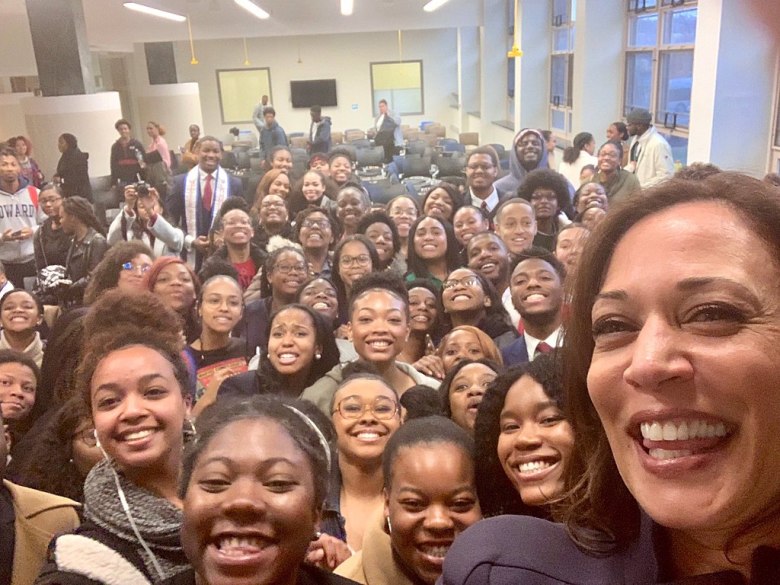 Kamala Harris takes selfie with students at Howard University in 2019. Office of Kamala Harris, Public domain, via Wikimedia Commons