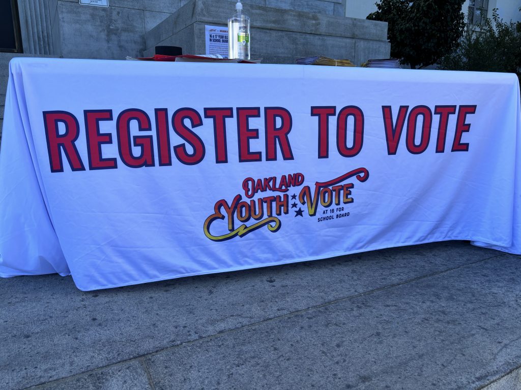 Oakland Youth Vote signage encouraging students to register to vote in the local school board director races. Photo by Magaly Muñoz.