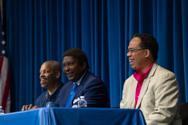 From left, co-producer Doug Harris, John Burris and co-producer Brian Spencer field questions after the screening of “The Godfather of Police Litigation” which honors Burris’ historic career. Louis Bryant III, OBSERVER