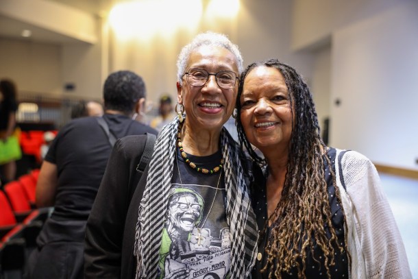 Several locals who were members of the Black Panther Party attended the exhibit launch. Speaker Gayle Asali Dickson, left, is shown here with Madelynn Rucker, who continues her social activism through bringing resources to the underserved. Douglas Carter, OBSERVER