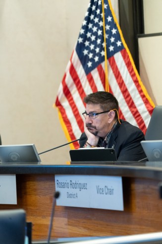 Supervisor Phil Serna challenged Sheriff Jim Cooper over the prioritization of military equipment over preventative services, particularly youth programs, at a June 4 Board of Supervisors meeting where the county approved the sheriff’s request for military equipment. Roberta Alvarado, OBSERVER